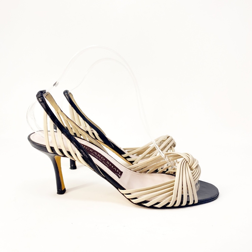 Navy and Beige Strappy Slingback Heels